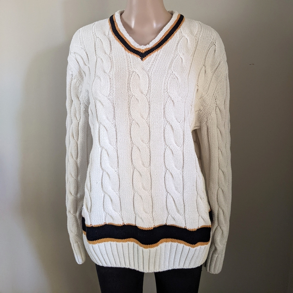 Zara Cable Knit Striped V-neck White Sweater, Men's Medium